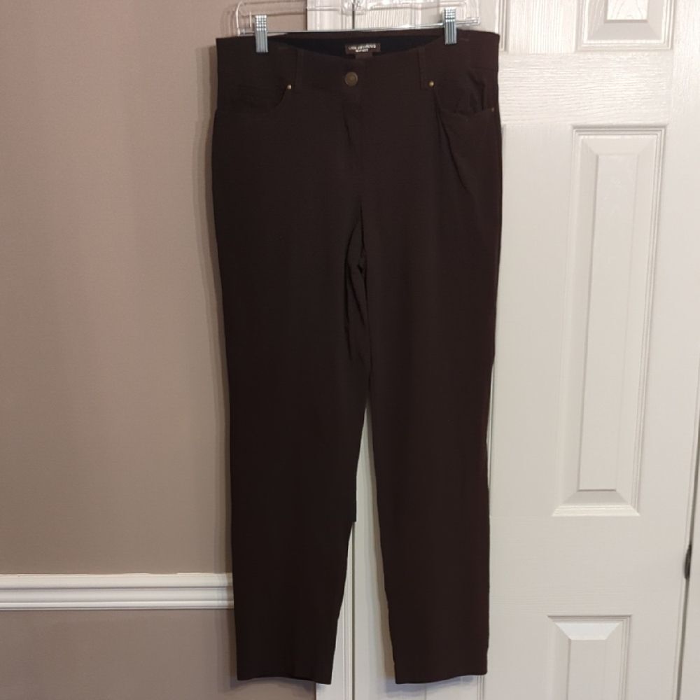 Linda Matthews NY Chocolate Brown Slim Straight Stretchy Trousers Size 12